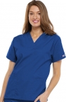 Female Royal Blue 2 pocket V-neck Scrub Top including Embroidered UMass Lowell Nursing Logo